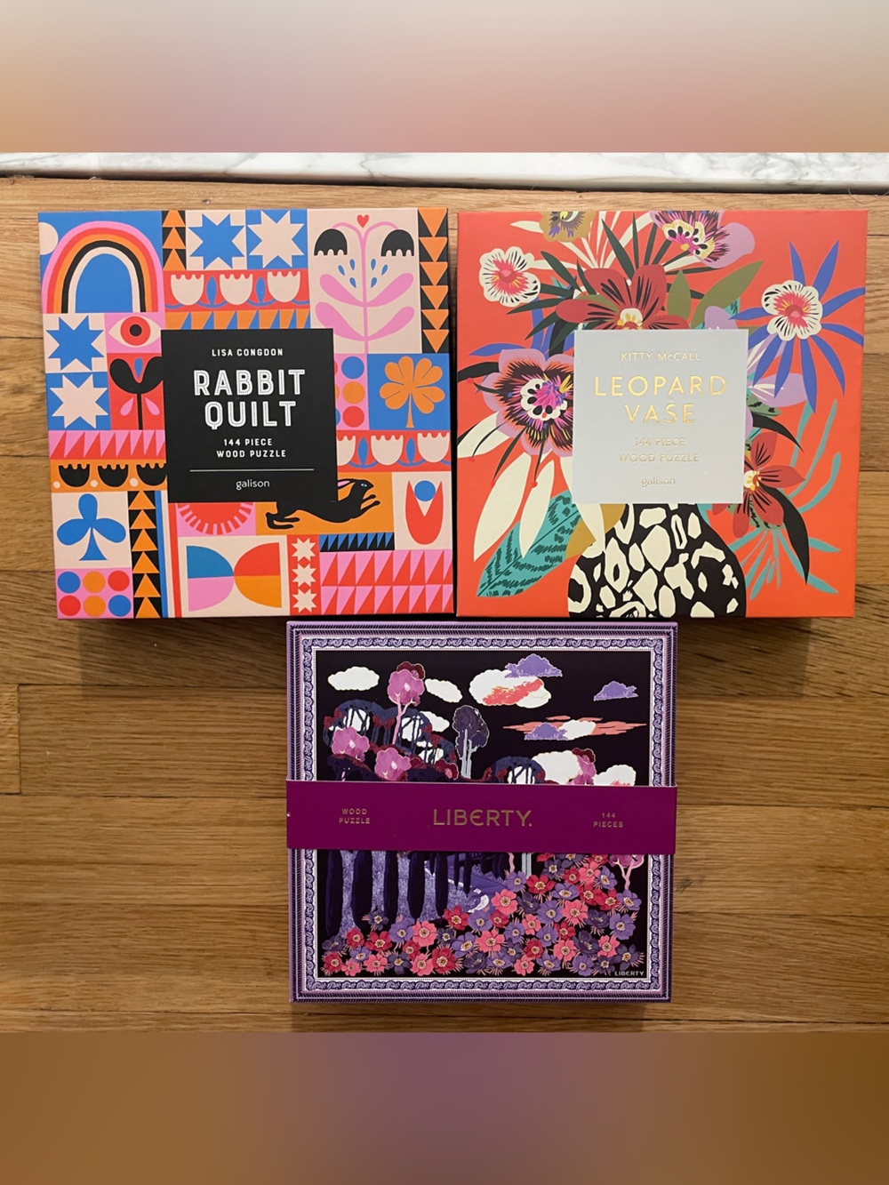 Galison & Liberty Wooden Puzzle Lot Rabbit Quilt, Leopard Vase & Floral Forest